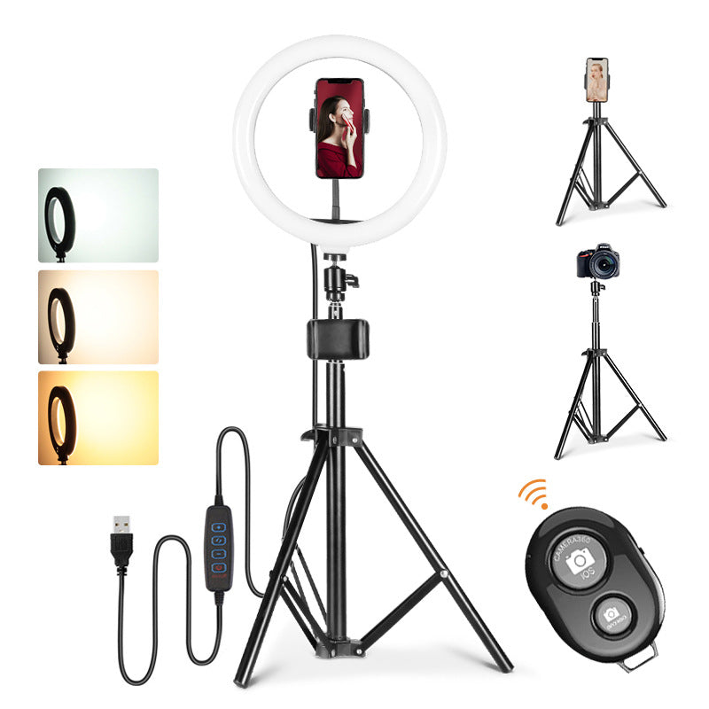S26 Live Broadcast 10inch LED Selfie Ring Light + Tripod with Remote Shutter Phone Holder Set