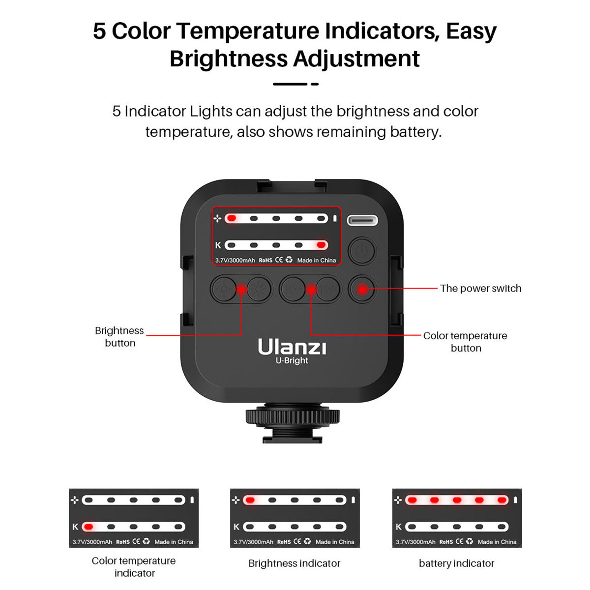 Uniqkart U-Bright Mini LED Video Light 2700-6500K Dimmable Photographic Lighting Vlog Fill Light
