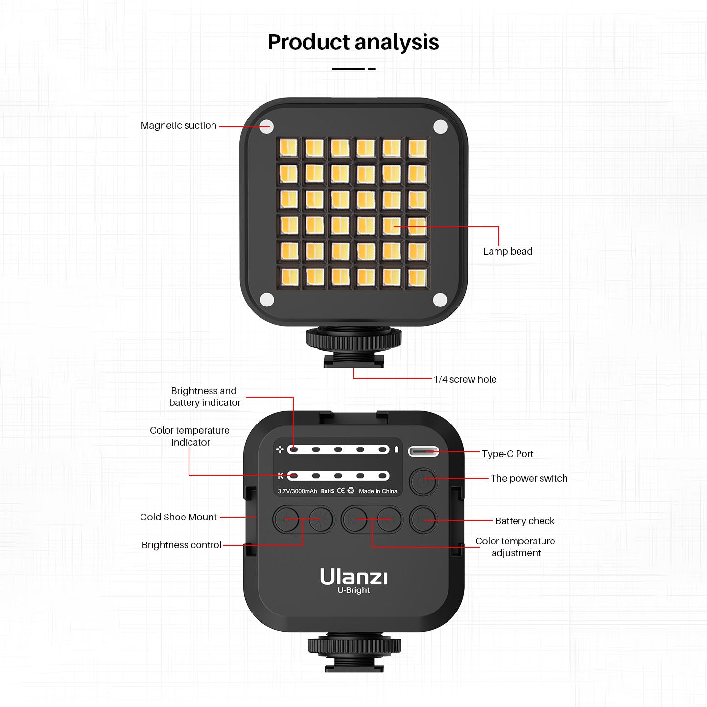 Uniqkart U-Bright Mini LED Video Light 2700-6500K Dimmable Photographic Lighting Vlog Fill Light