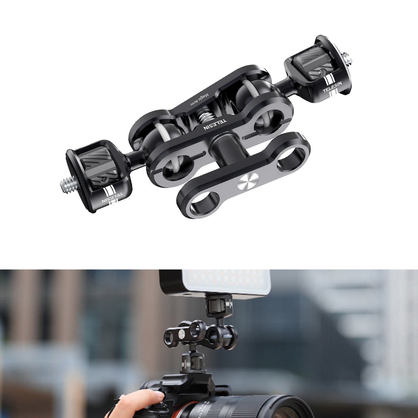 TELESIN TE-MUB-001 Magic Arm 360° Rotation Double Ball Head with 1/4inch Screw Mount Adapter for DSLR Cameras Video Light Microphone