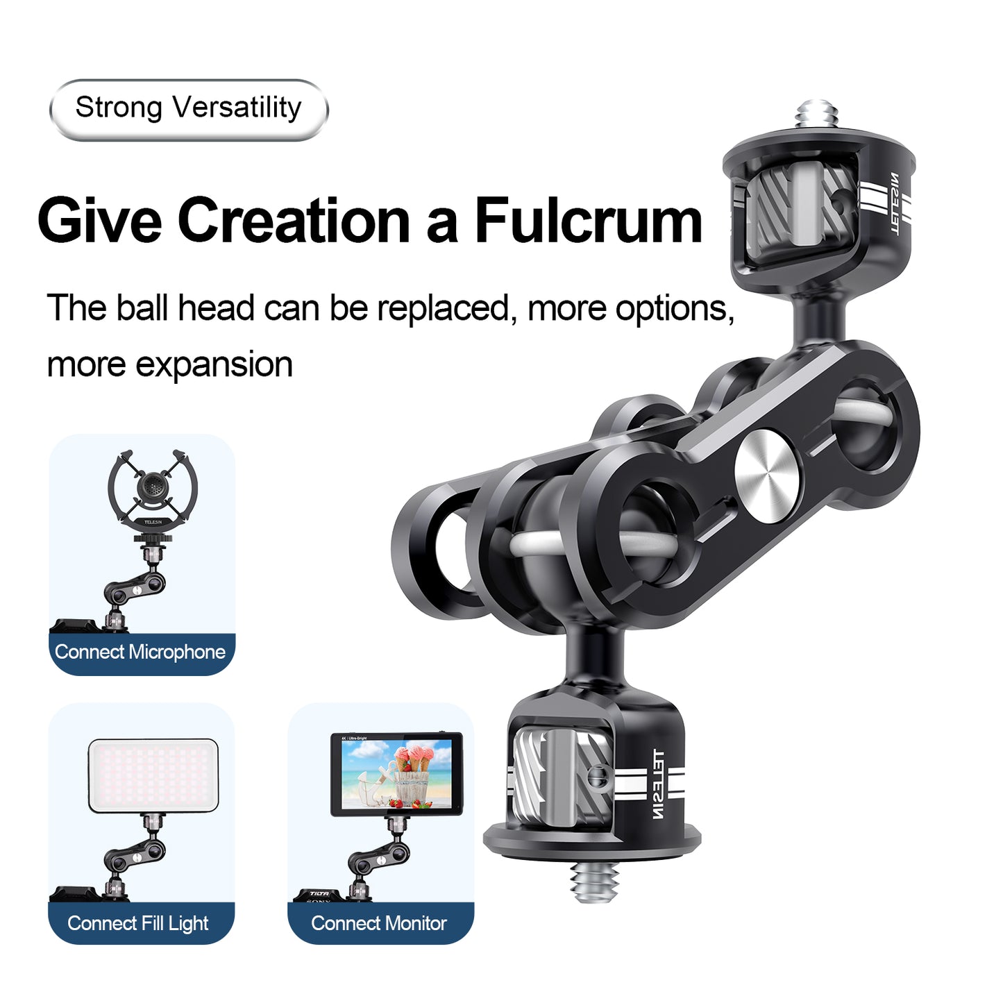 TELESIN TE-MUB-001 Magic Arm 360° Rotation Double Ball Head with 1/4inch Screw Mount Adapter for DSLR Cameras Video Light Microphone