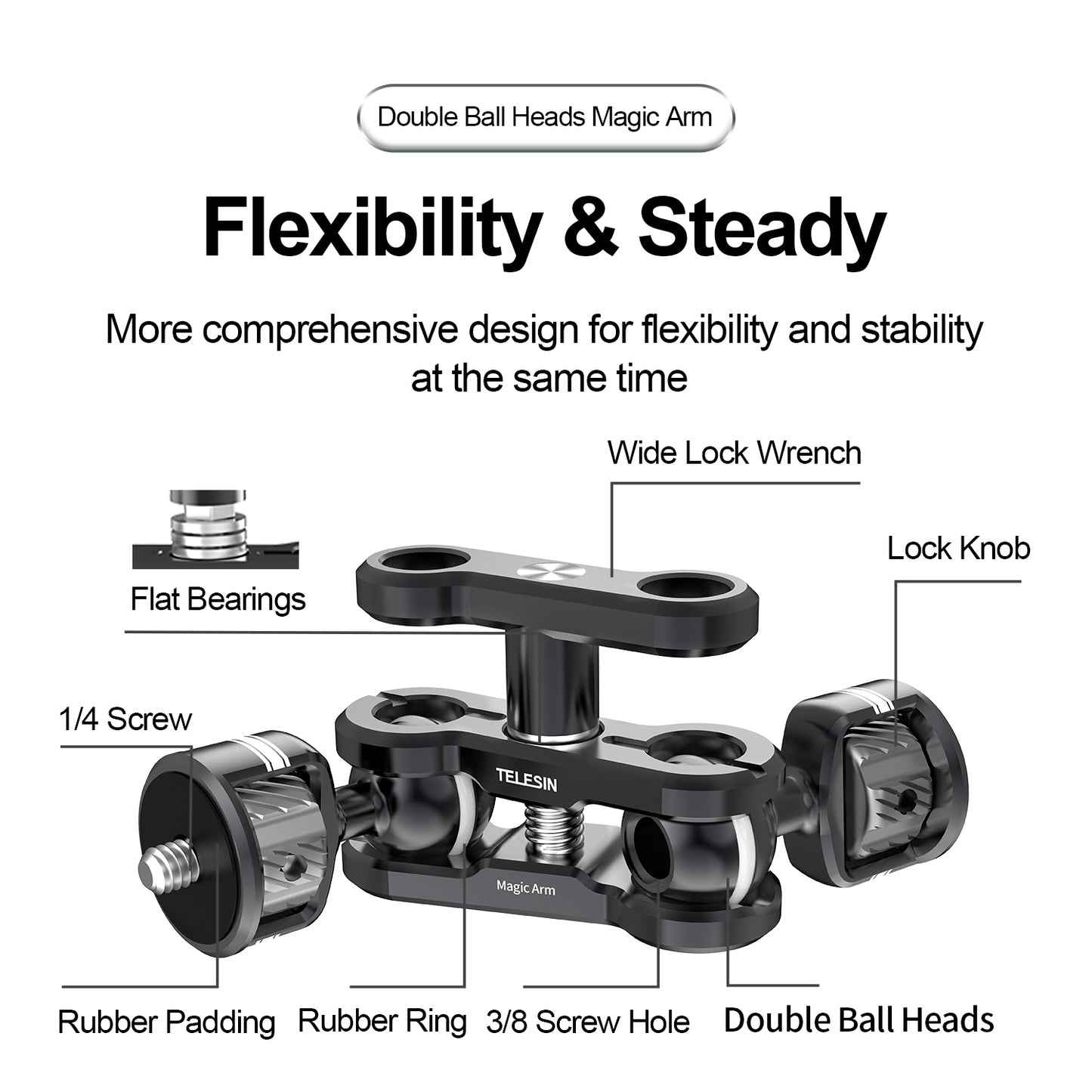 TELESIN TE-MUB-001 Magic Arm 360° Rotation Double Ball Head with 1/4inch Screw Mount Adapter for DSLR Cameras Video Light Microphone