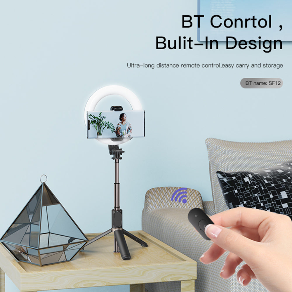 YESIDO SF12 Portable Bluetooth Remote Control Telescopic Phone Holder Tripod Selfie Stick with Ring Fill Light