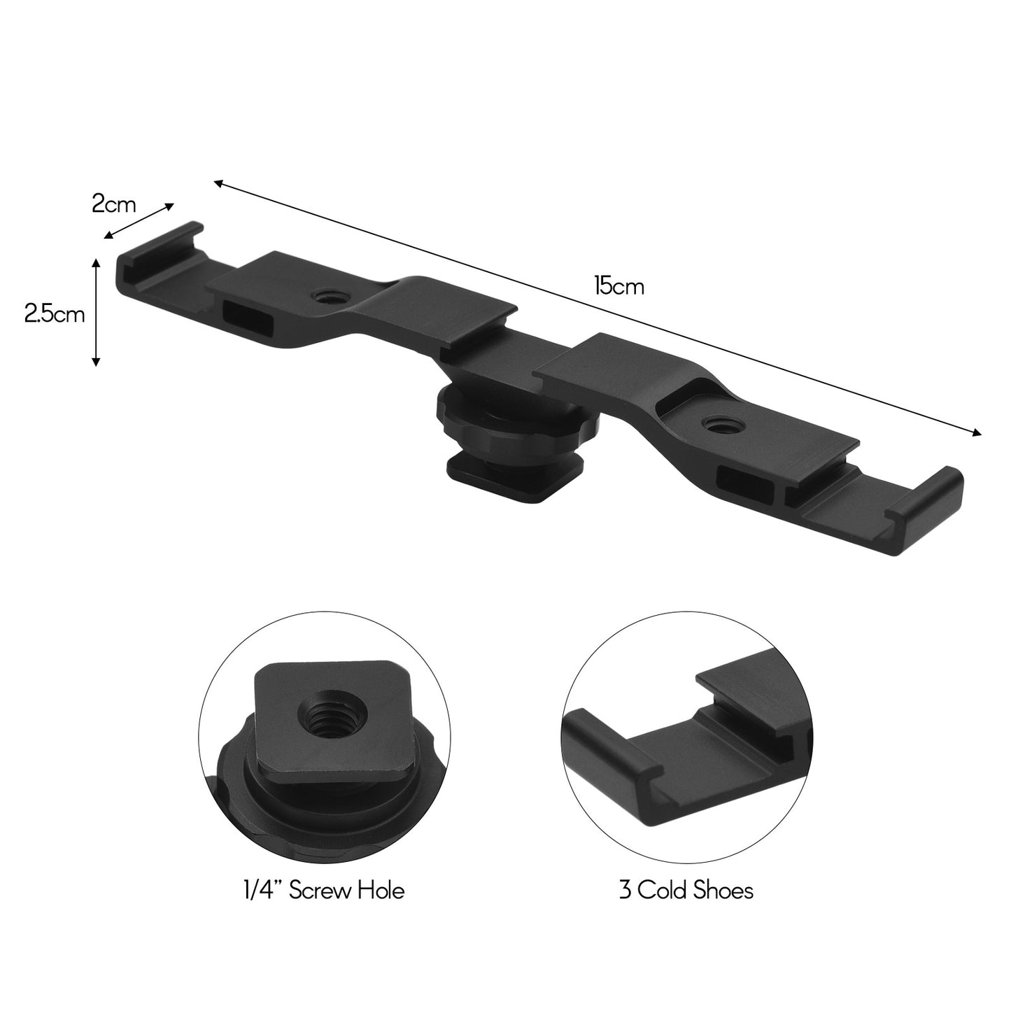 Triple Cold Shoe Extension Bar Universal Cold Shoe Mount Bracket Plate Adapter with 1/4 Screw Hole for Microphone/Video Recording/Live Stream