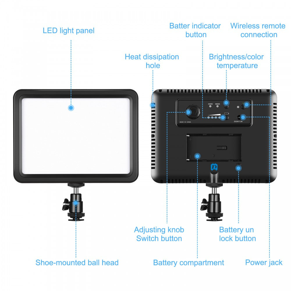 128B LED Video Light 12W Dimmable Panel Light Photo Studio Live Photography Fill Light 3300-5600K with Remote Control