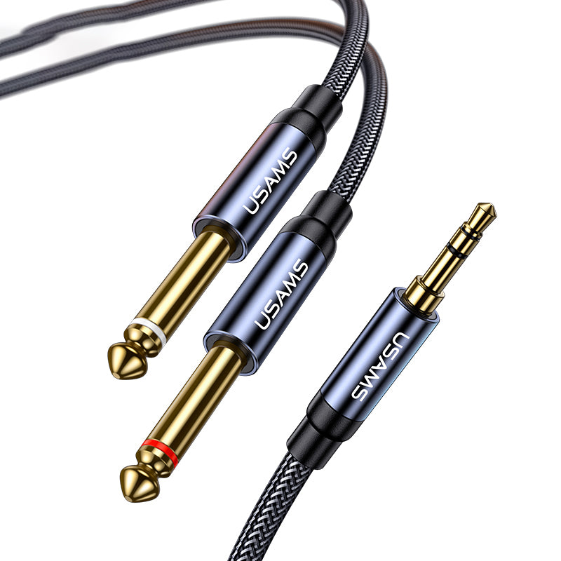 Uniqkart US-SJ540 3.5mm to Dual 6.35mm Aluminum Alloy Audio Cable Braided Gold-plated Connector Cable (2m)