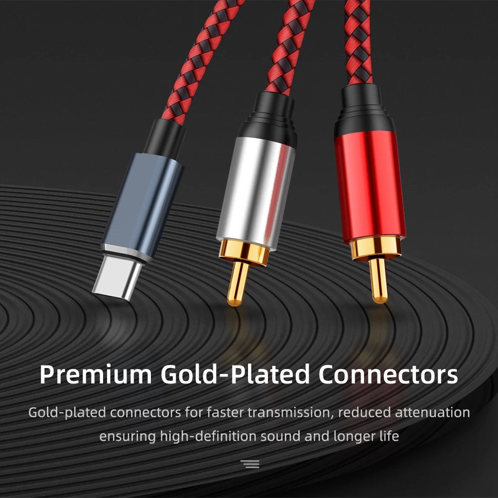1m USB Type-C to 2 RCA Male Gold Plated Jack Audio Cable for Mobile Phone Tablet Connection to Speaker/Amplifier