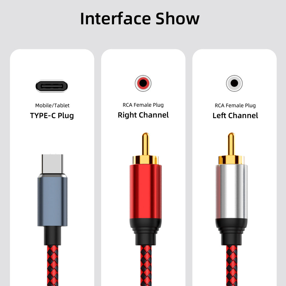 1m USB Type-C to 2 RCA Male Gold Plated Jack Audio Cable for Mobile Phone Tablet Connection to Speaker/Amplifier