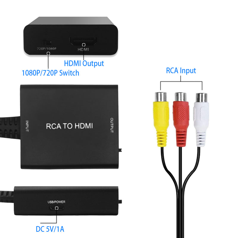 RCA to HDMI Converter HD 1080P Video Output Adapter with Power Cable for HDTV Monitor Projector