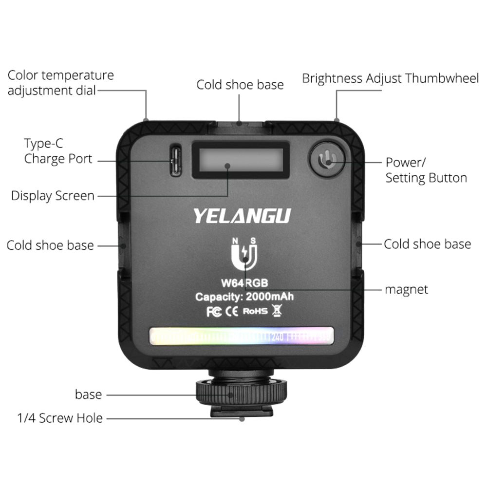 Yelangu RGB64 Portable RGB LED Camera Video Light Mini Rechargeable Photography Lighting