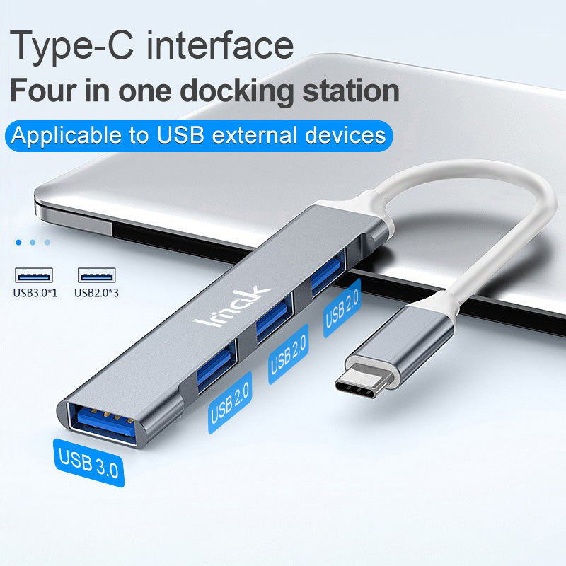 IMAK Multifunction Type-C Docking Station 4 in 1 Multi-Port Converter to 3 USB2.0 + USB 3.0 USB-C HUB Adapter Compatible with Windows / macOS / Linux - Grey
