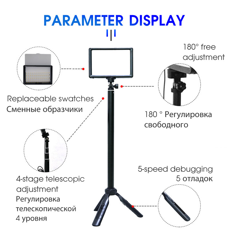 f-500kt 180-Degree Adjustable LED Light Panel 3200K-5600K USB Studio Light Lamp Kit Tripod Stand with 5 Filter Cards for Photography, Live Streaming, Vlogging