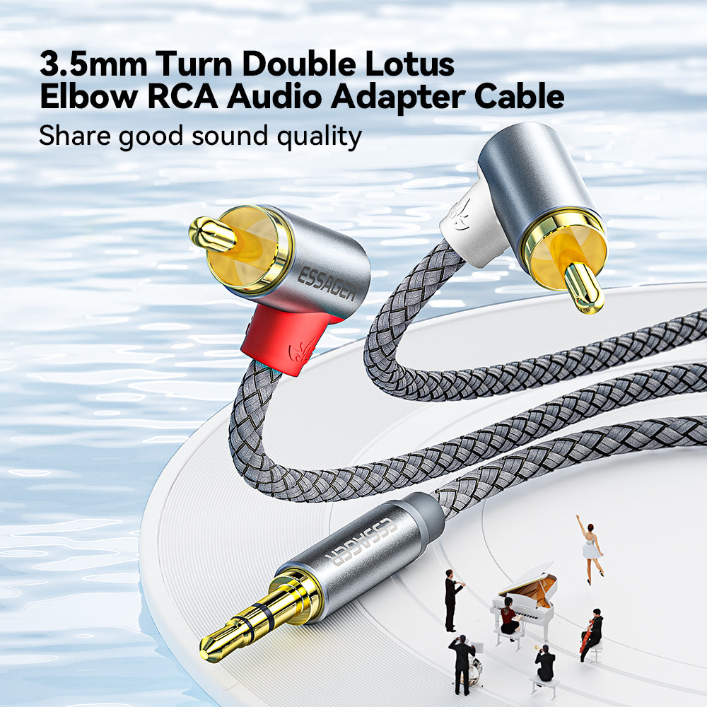 Essager 1m Nylon Braided Aux Cord AUX 3.5mm to Dual Angled Head RCA Audio Adapter Cable