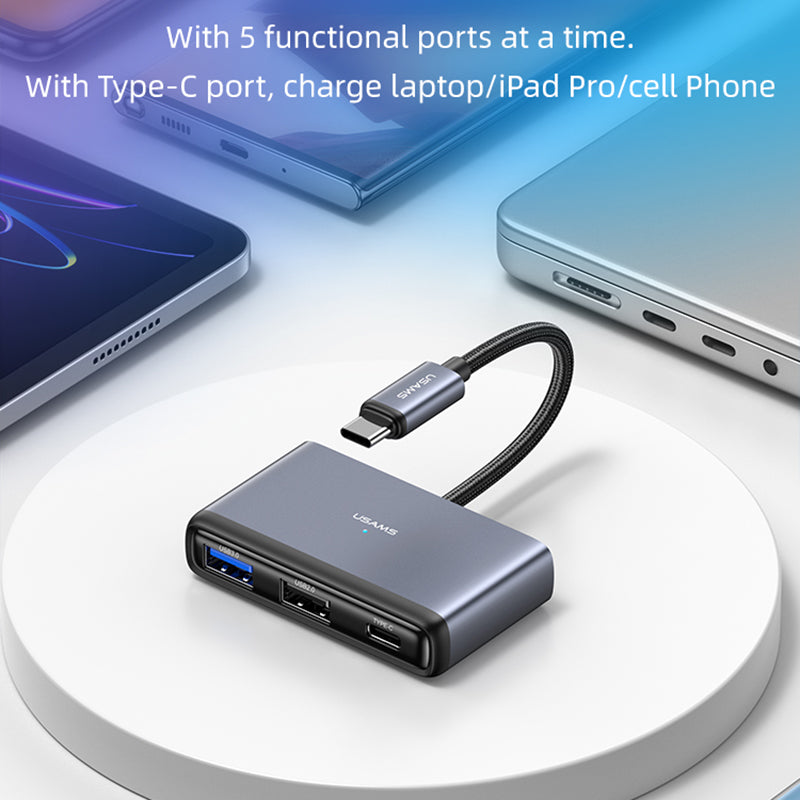 Uniqkart US-SJ628 Type-C to USB3.0 + USB2.0 + PD 60W + TF + SD 5-in-1 Hub Extension Dock - Dark Grey