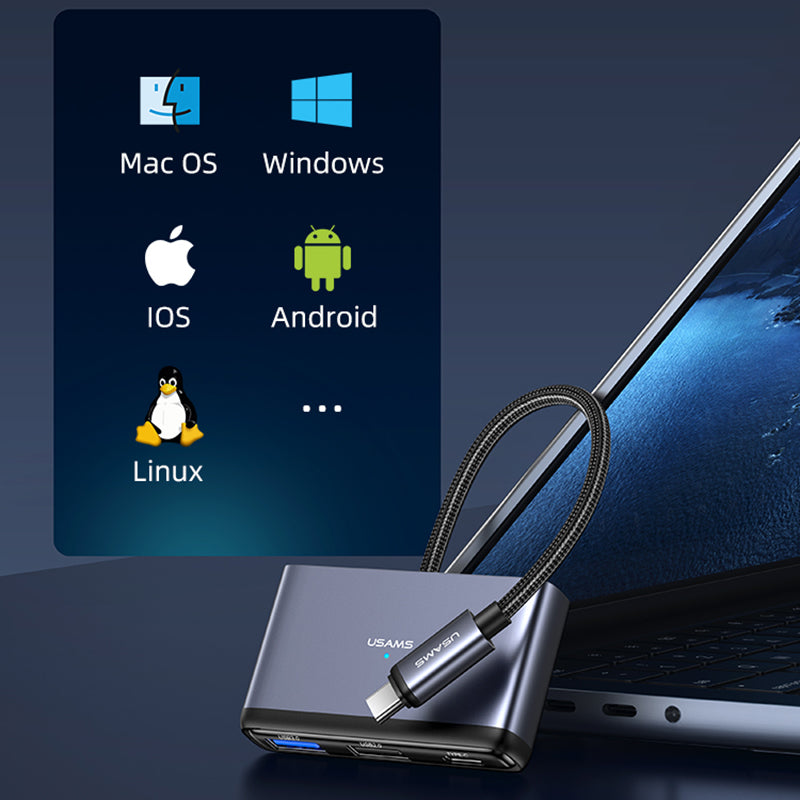 Uniqkart US-SJ628 Type-C to USB3.0 + USB2.0 + PD 60W + TF + SD 5-in-1 Hub Extension Dock - Dark Grey