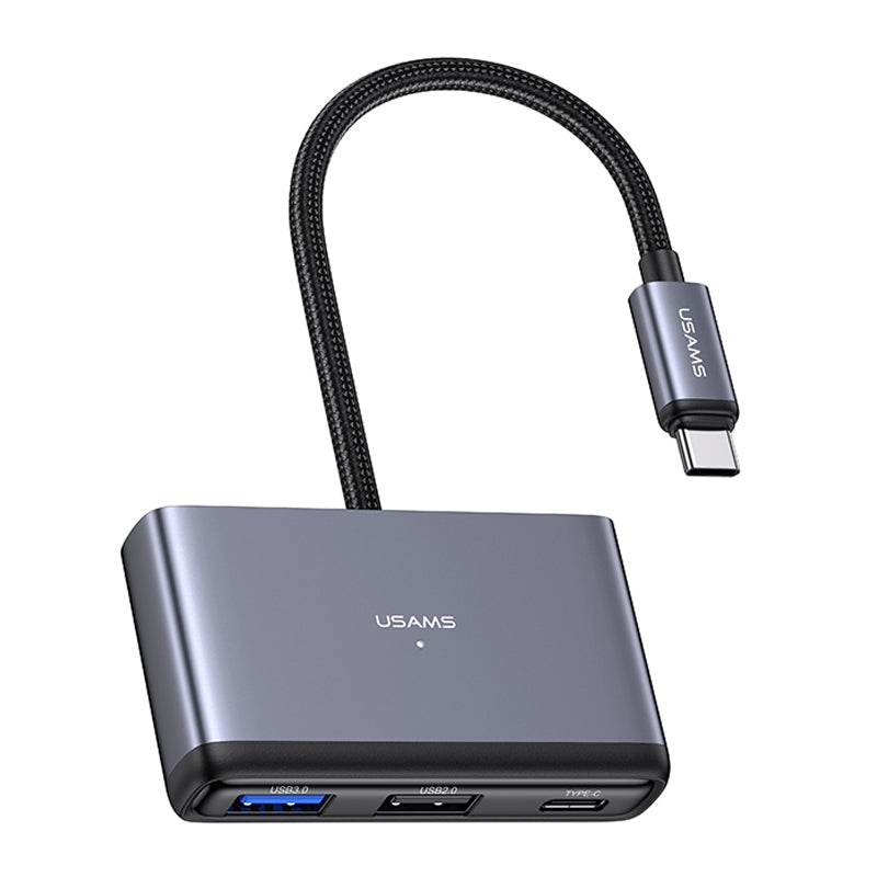 Uniqkart US-SJ627 4-in-1 Hub Adapter Type-C to USB3.0*1 + USB2.0*2 + PD 60W Extension Dock - Dark Grey