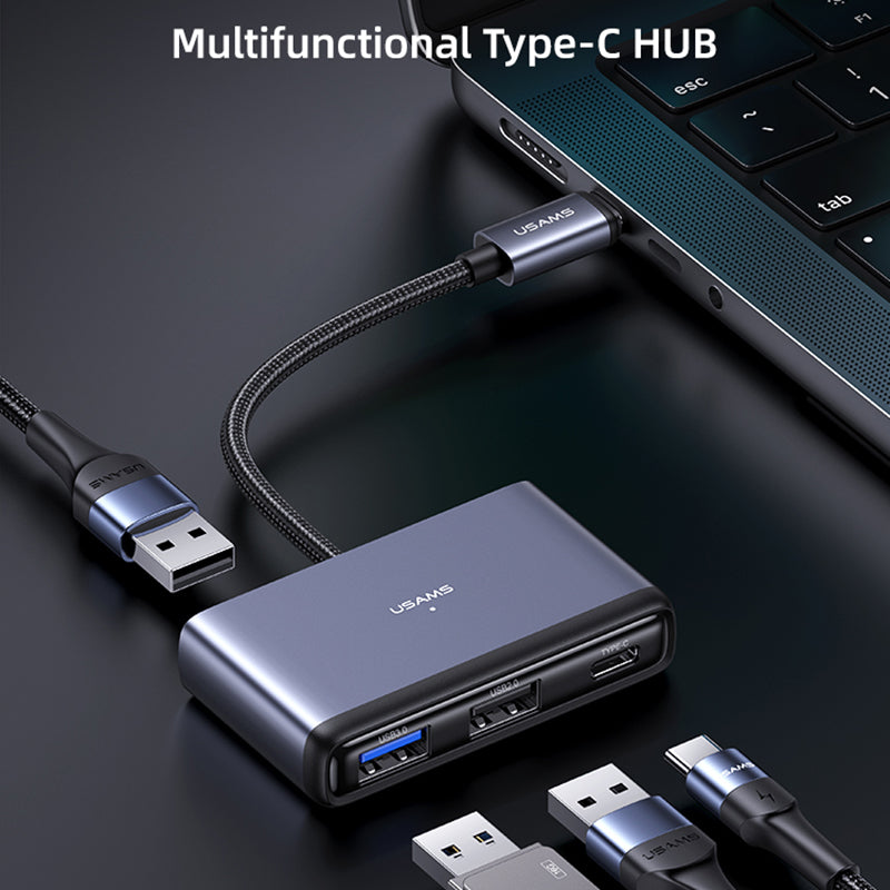 Uniqkart US-SJ627 4-in-1 Hub Adapter Type-C to USB3.0*1 + USB2.0*2 + PD 60W Extension Dock - Dark Grey