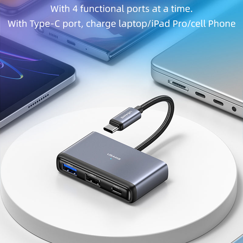 Uniqkart US-SJ627 4-in-1 Hub Adapter Type-C to USB3.0*1 + USB2.0*2 + PD 60W Extension Dock - Dark Grey