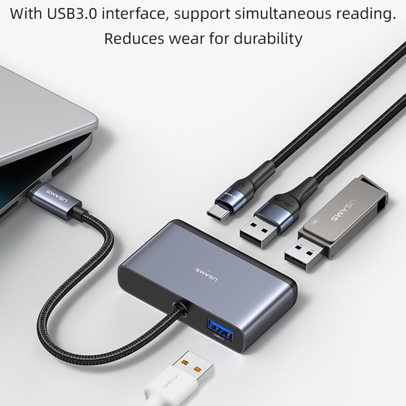 Uniqkart US-SJ627 4-in-1 Hub Adapter Type-C to USB3.0*1 + USB2.0*2 + PD 60W Extension Dock - Dark Grey
