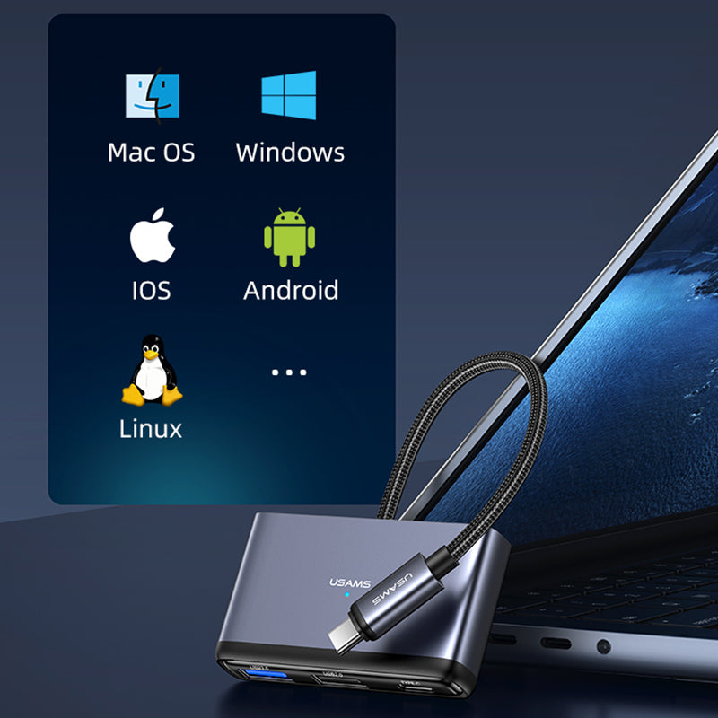 Uniqkart US-SJ627 4-in-1 Hub Adapter Type-C to USB3.0*1 + USB2.0*2 + PD 60W Extension Dock - Dark Grey