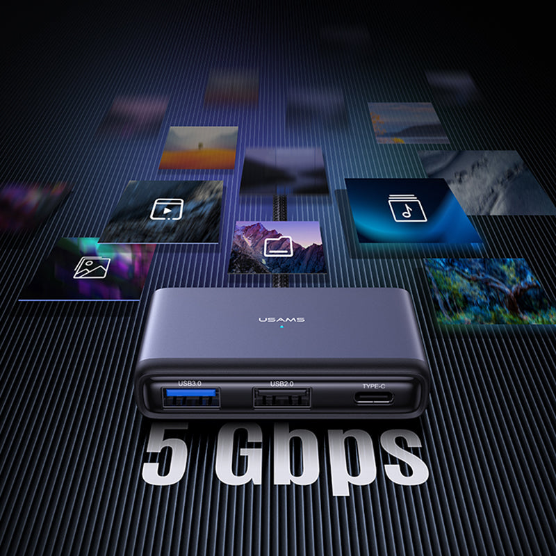 Uniqkart US-SJ627 4-in-1 Hub Adapter Type-C to USB3.0*1 + USB2.0*2 + PD 60W Extension Dock - Dark Grey