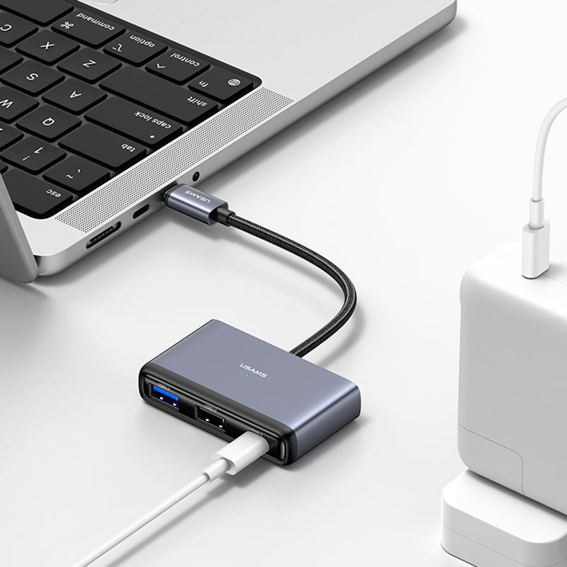 Uniqkart US-SJ627 4-in-1 Hub Adapter Type-C to USB3.0*1 + USB2.0*2 + PD 60W Extension Dock - Dark Grey