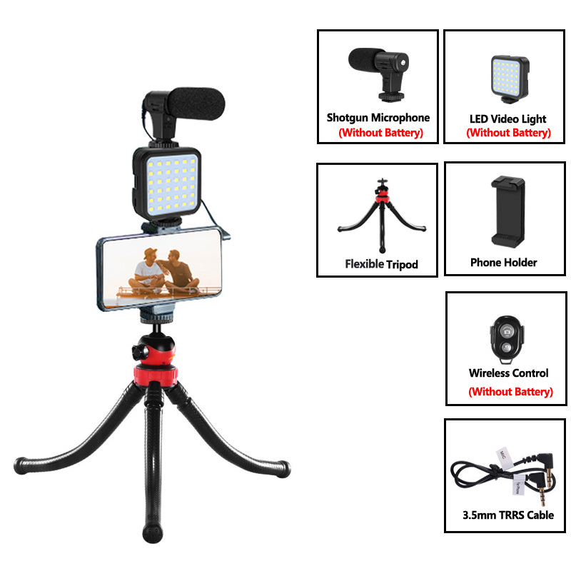 KIT-04LM Condenser Microphone with Tripod LED Fill Light Mobile Phone Holder for Interview Live Recording