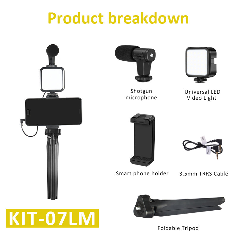 KIT-07LM Smartphone Video Vlogger Kits Microphone LED Fill Light Mini Tripod Phone Holder for Video Recording