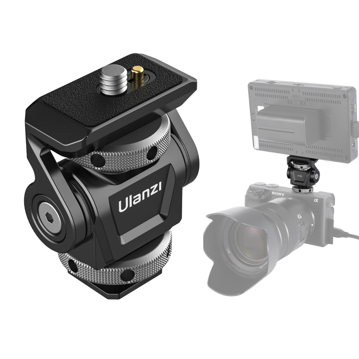 Uniqkart U-150 DSLR Camera Monitor Mount 360 Degree Rotation Adjustable Monitor Adapter with Cold Shoe 1/4 Screw