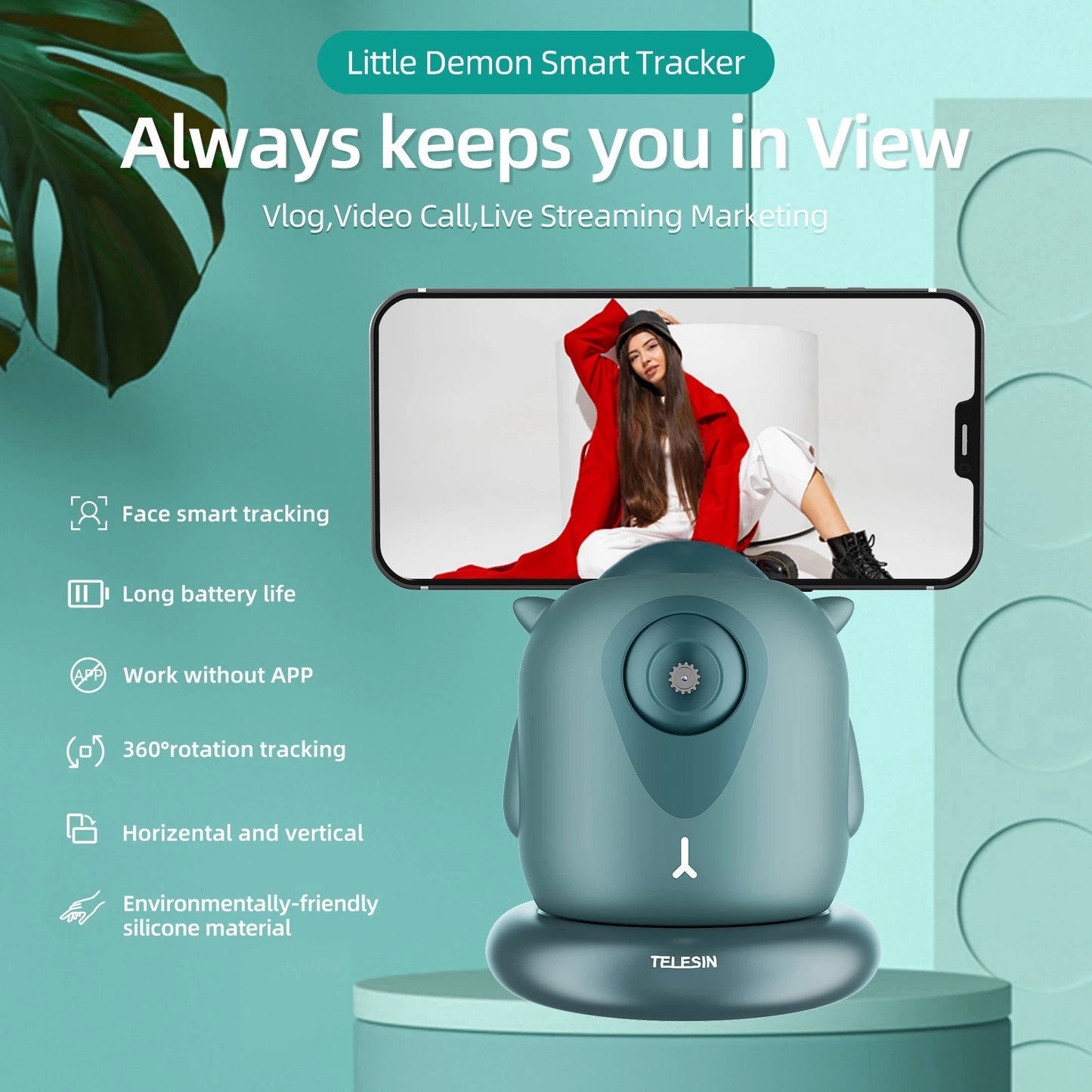 TELESIN TE-GPYT-002 Little Demon Smart Tracker Auto Face Tracking Stabilizer Smart Shooting Gimbal 360 Rotating Vlog Live Video Phone Holder with 1/4 Adapter Mount for GoPro iPhone Samsung - Green