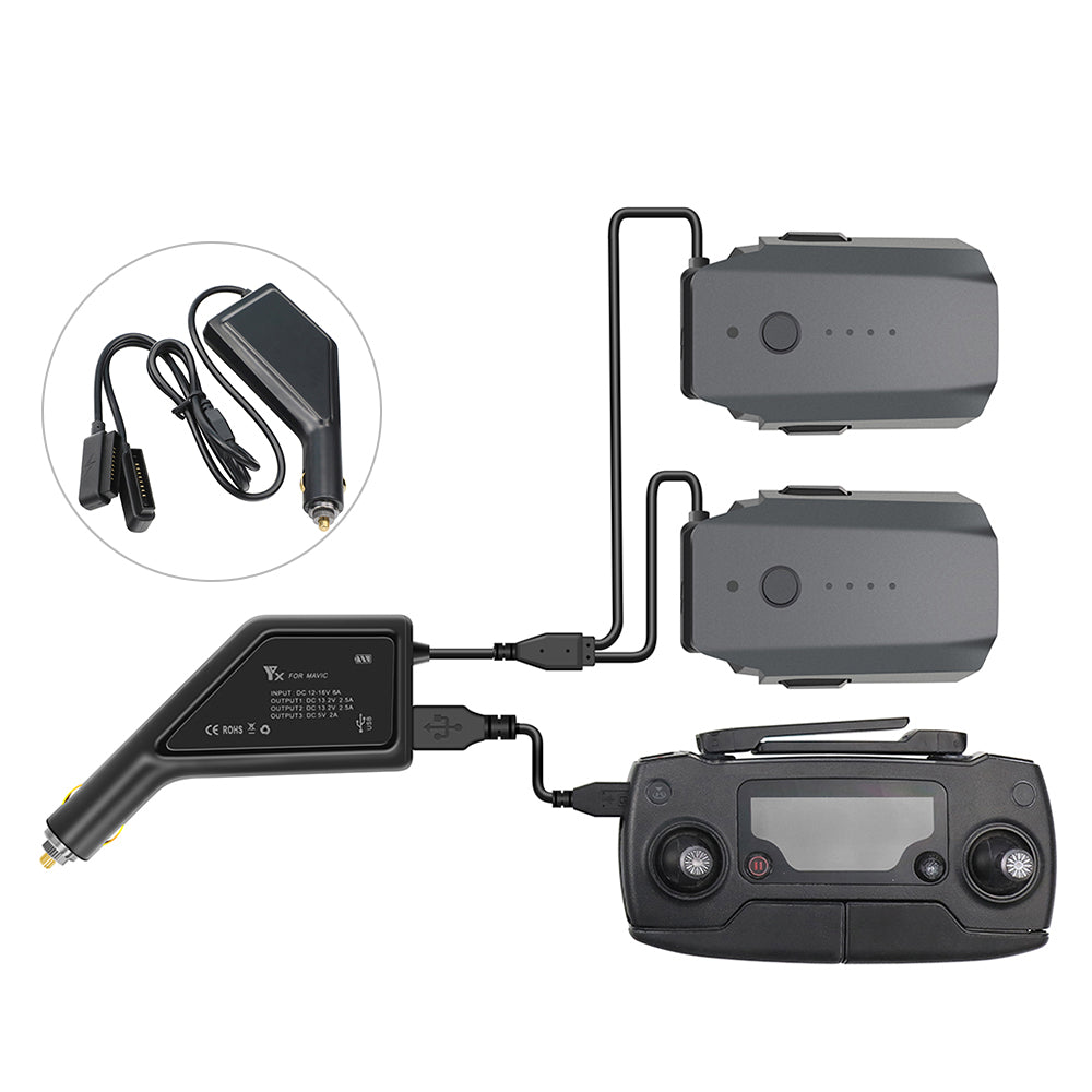 3-in-1 Dual-Battery Car Charger Safe Fast Remote Controller Outdoor Charging Intelligent with USB Port for DJI Mavic Pro