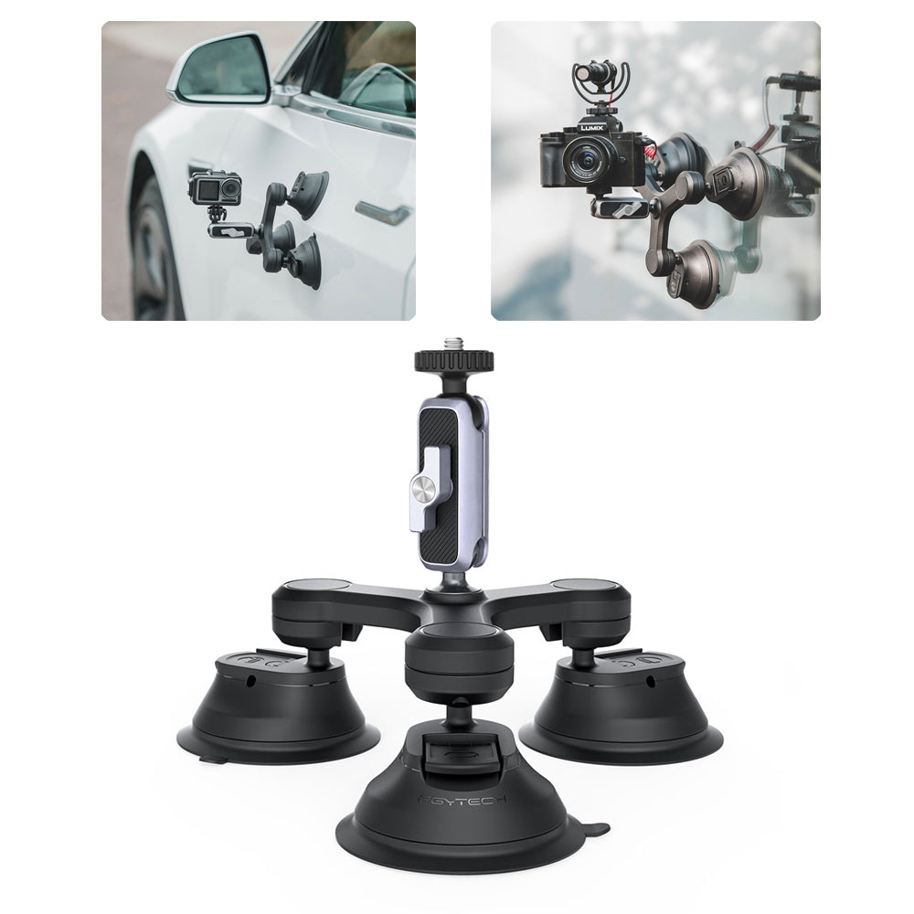 Triple Suction Cup Mount with 1/4 Threaded Head 360 Degree Tripod Ball Head