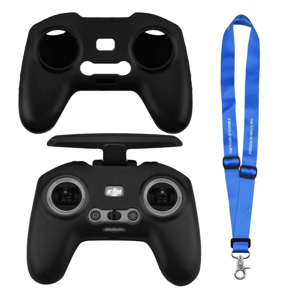 EWB8494_2+max2473 Soft Silicone Sleeve Anti-scratch Protective Cover with Lanyard for DJI FPV Combo Remote Controller - Black+Blue