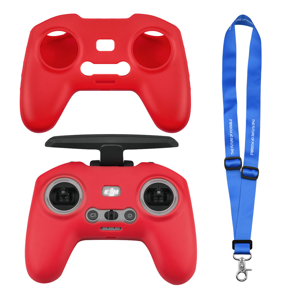EWB8494_2+max2473 Soft Silicone Sleeve Anti-scratch Protective Cover with Lanyard for DJI FPV Combo Remote Controller - Red+Blue