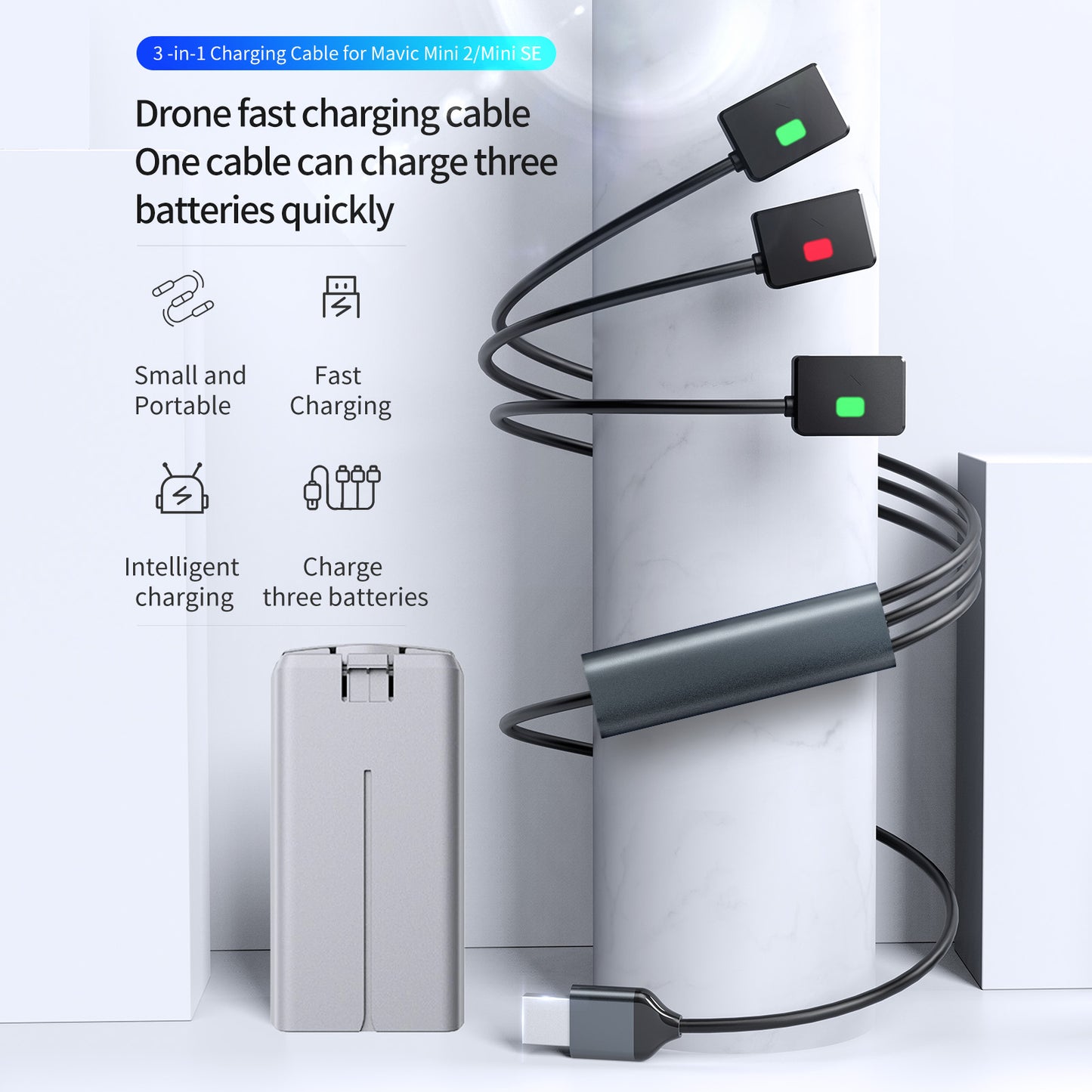 TELESIN TE-MC-001 3-in-1 Drone Battery Charging Cable Fast Charger Wire for DJI Mavic Mini 2/Mini SE