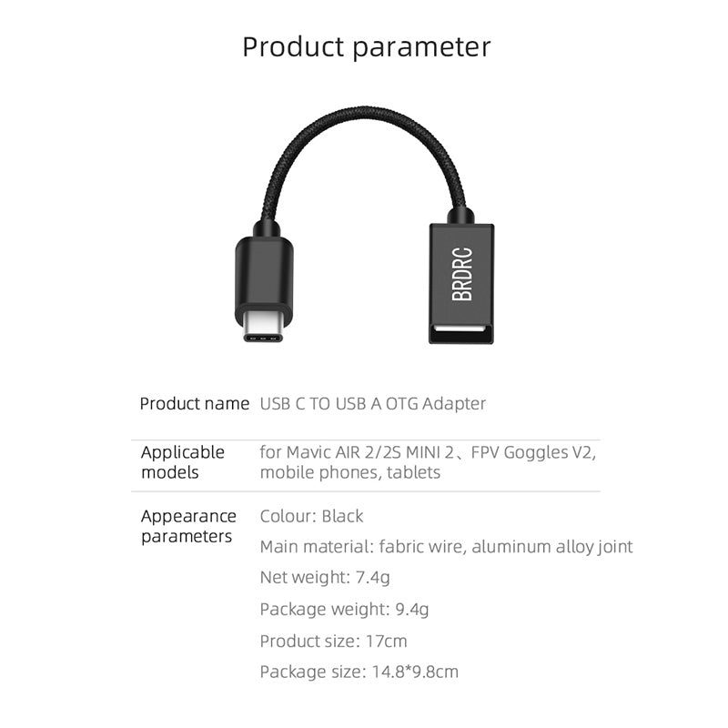 HSP6644 USB-C to USB-A Data Cable OTG Adapter for DJI Mavic AIR 2/2S MINI 2/FPV Goggles V2
