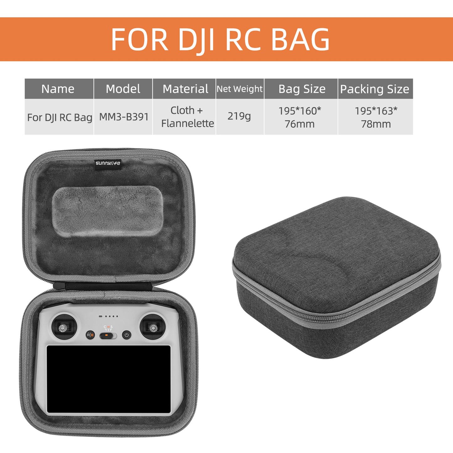 SUNNYLIFE MM3-B391 For DJI RC Remote Controller Portable Shockproof Carrying Case Zipper Storage Bag