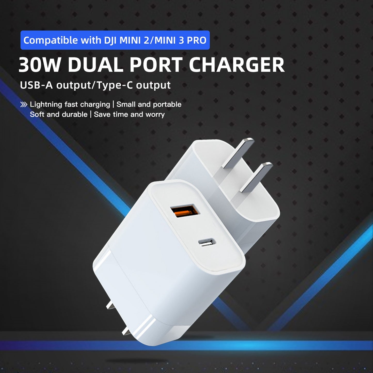 RCSTQ 1356500 30W GaN QC3.0 Dual Port Charger for DJI Mini 2/Mini 3 Pro Drone Fast Charger Adapter RC Aircraft Portable Mini Wall Charger Block (CN Plug)