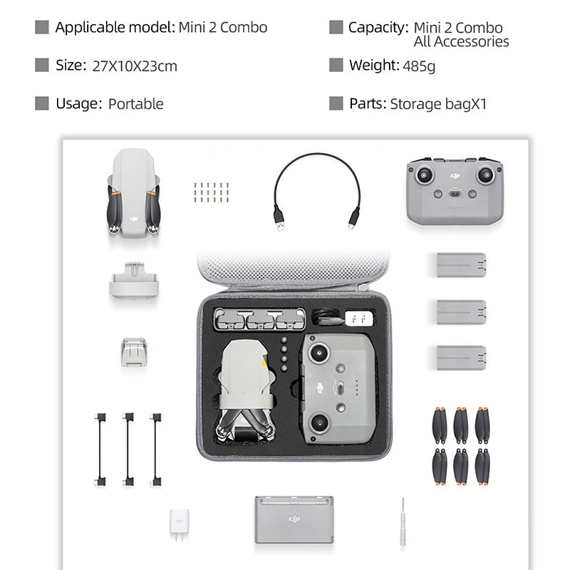 For DJI Mini 2 / Mini 2 SE Combo Drone and Accessories Storage Bag Portable Shockproof Carrying Case Handbag - Grey / Red Liner