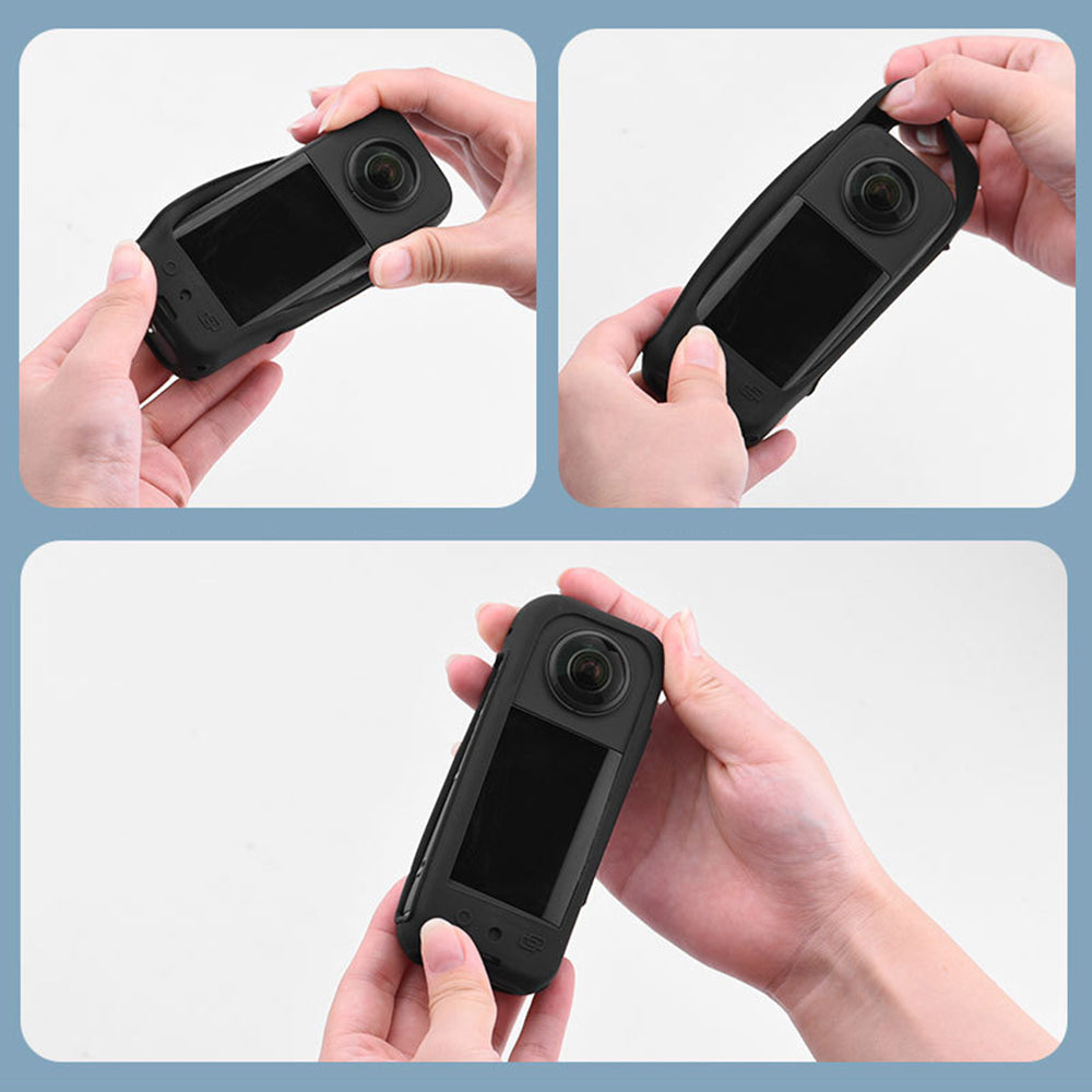 Silicone Case for Insta360 X3 Panoramic Camera Anti-scratch Protective Cover with Strap - Black