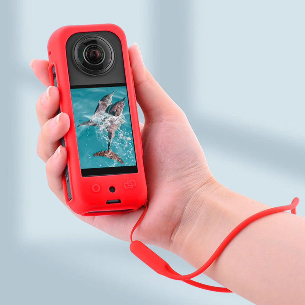 Silicone Case for Insta360 X3 Panoramic Camera Anti-scratch Protective Cover with Strap - Black