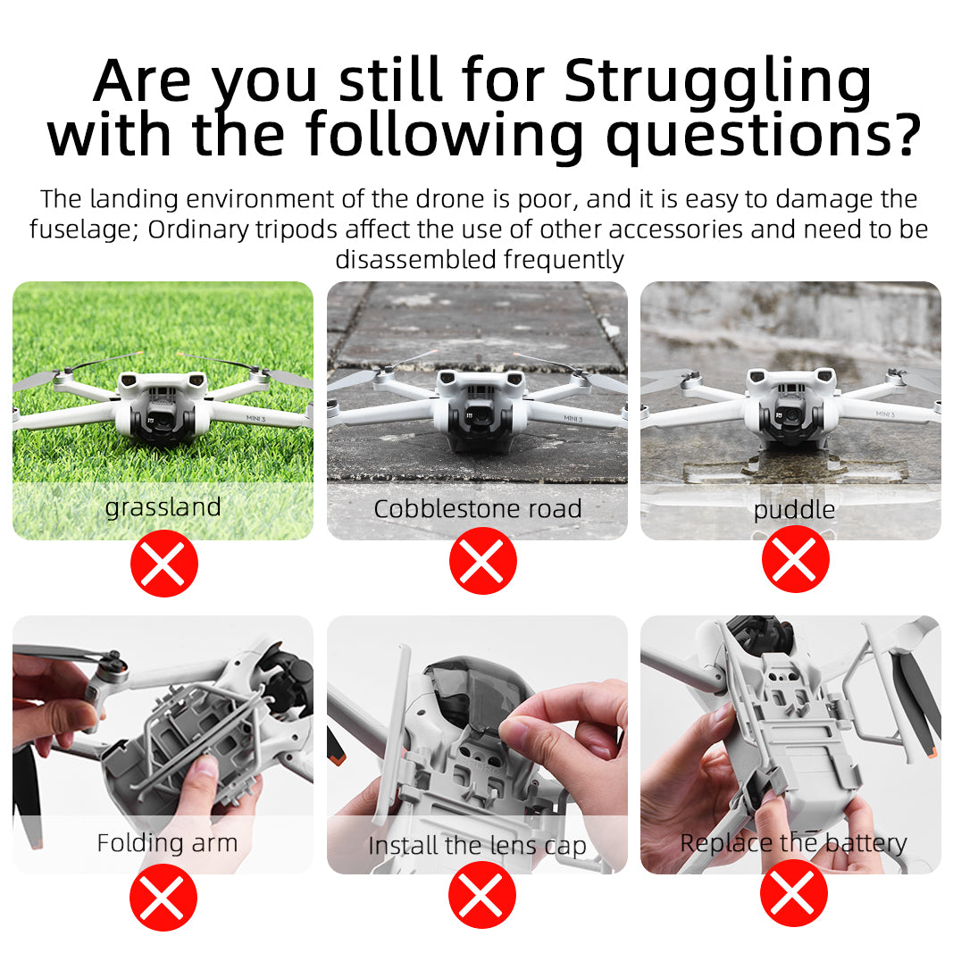 BRDRC For DJI Mini 3 / Mini 3 Pro Foldable Landing Gear ABS Height Extender with Silicone Strap - Grey