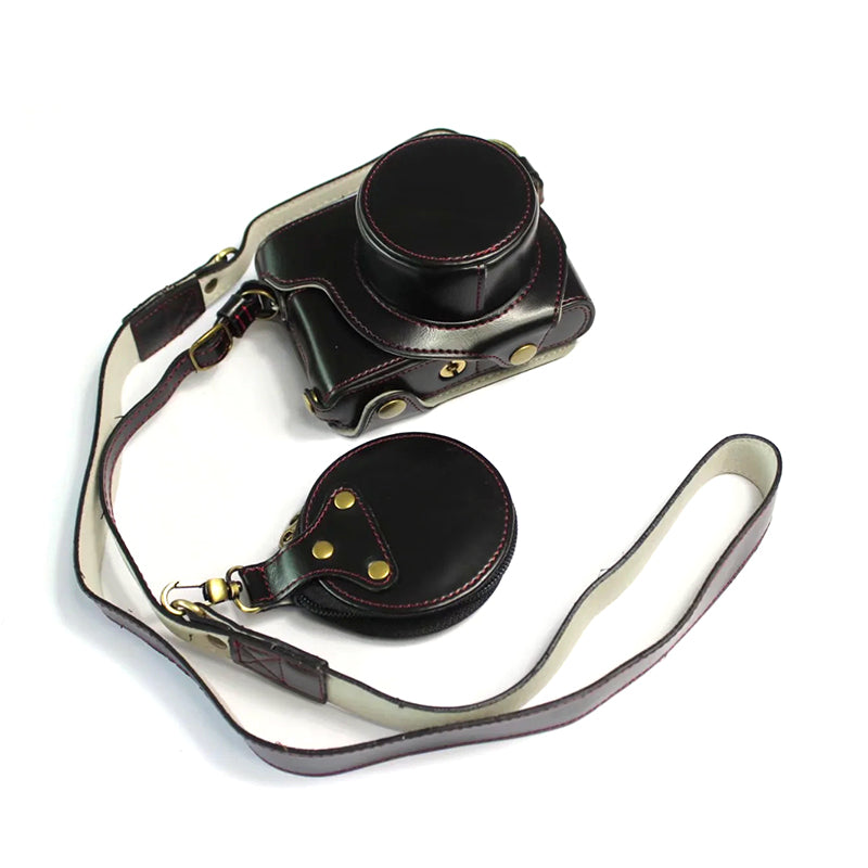 PU Leather Digital Camera Bag for Leica D-LUX 7 Battery Opening Design Protective Cover with Lens Pouch and Shoulder Strap - Black