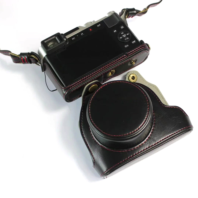 PU Leather Digital Camera Bag for Leica D-LUX 7 Battery Opening Design Protective Cover with Lens Pouch and Shoulder Strap - Black