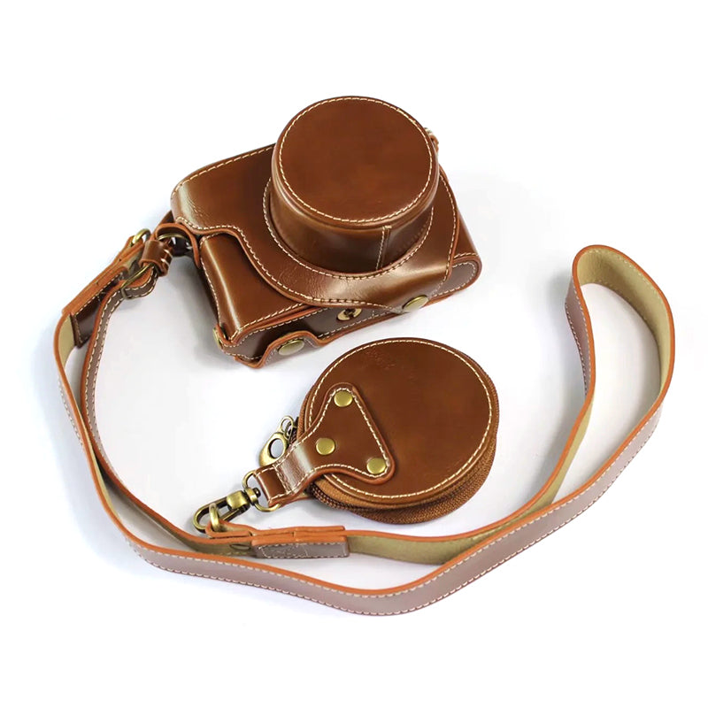 PU Leather Digital Camera Bag for Leica D-LUX 7 Battery Opening Design Protective Cover with Lens Pouch and Shoulder Strap - Brown