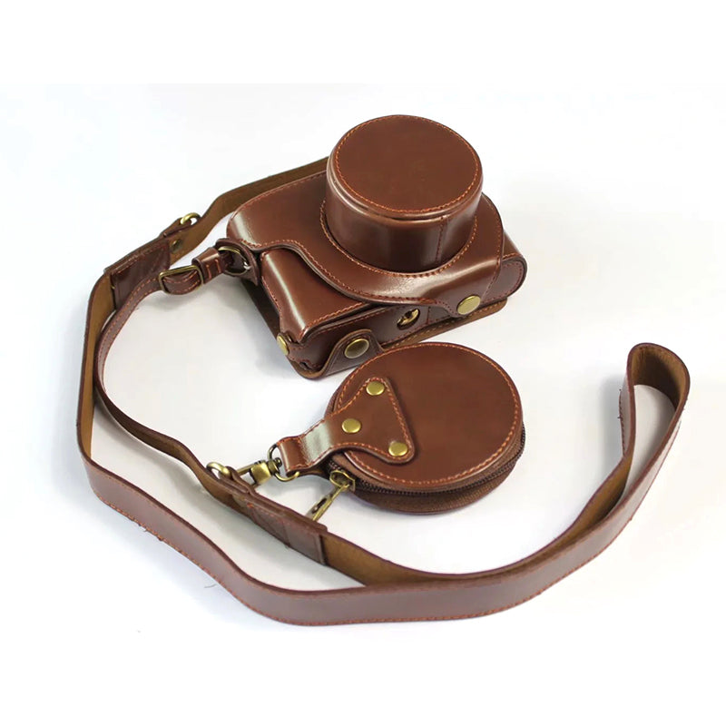 PU Leather Digital Camera Bag for Leica D-LUX 7 Battery Opening Design Protective Cover with Lens Pouch and Shoulder Strap - Coffee