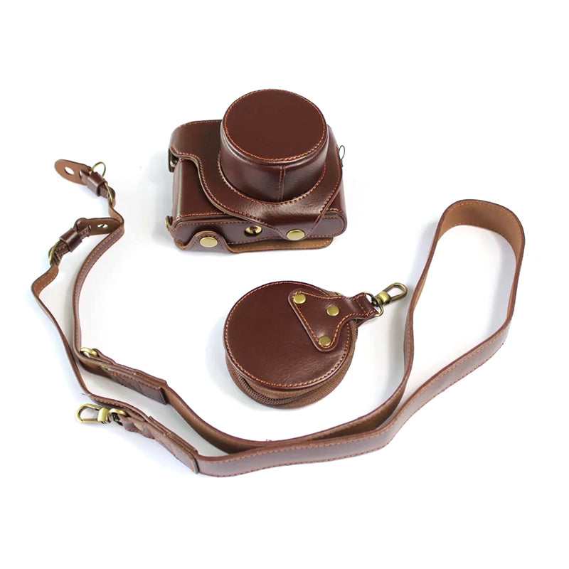 Uniqkart for Leica D-LUX 7 Genuine Split Leather Camera Bag Case Battery Opening Design Protective Cover with Lens Pouch and Shoulder Strap - Coffee