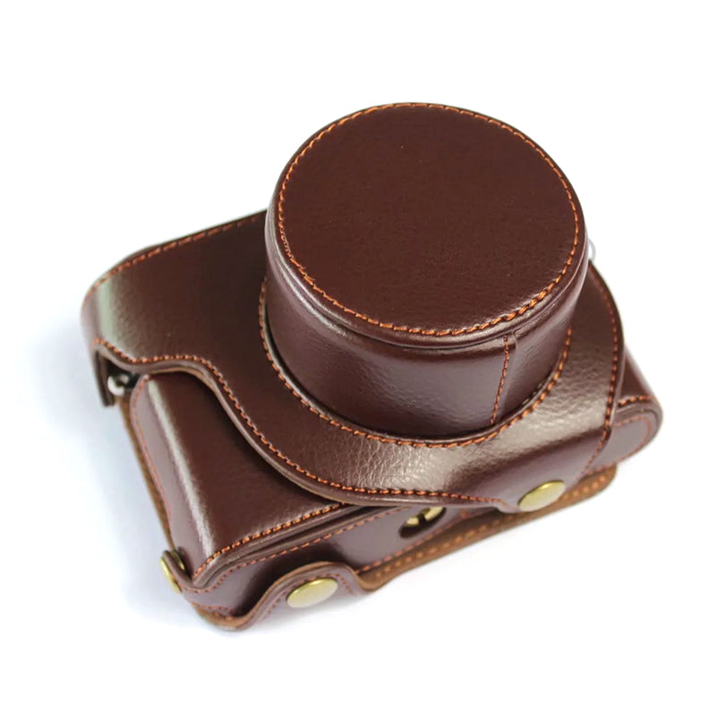 Uniqkart for Leica D-LUX 7 Genuine Split Leather Camera Bag Case Battery Opening Design Protective Cover with Lens Pouch and Shoulder Strap - Coffee