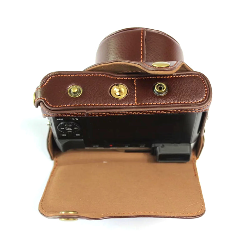 Uniqkart for Leica D-LUX 7 Genuine Split Leather Camera Bag Case Battery Opening Design Protective Cover with Lens Pouch and Shoulder Strap - Coffee