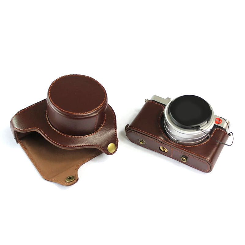 Uniqkart for Leica D-LUX 7 Genuine Split Leather Camera Bag Case Battery Opening Design Protective Cover with Lens Pouch and Shoulder Strap - Coffee